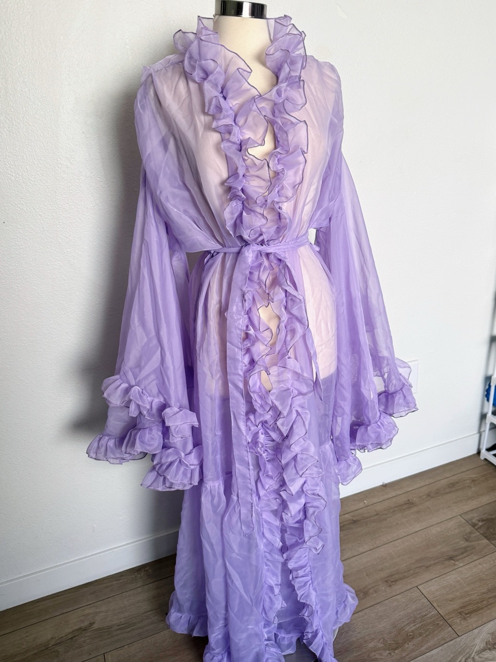 Vintage 70s Sheer Lavender Ruffle Peignoir Maxi Robe Bell Sleeve - Picture 4 of 9